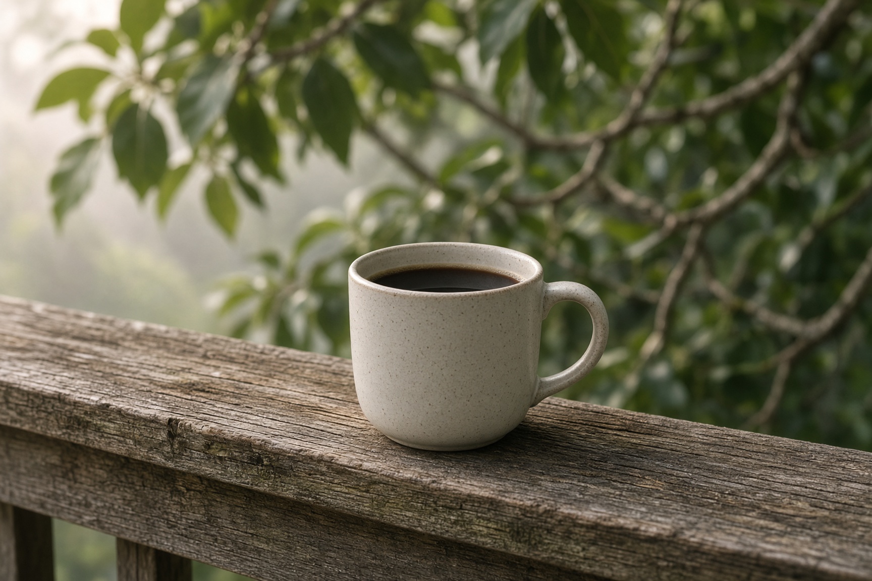 A mug of coffee on a wooden porch railing in soft morning light.