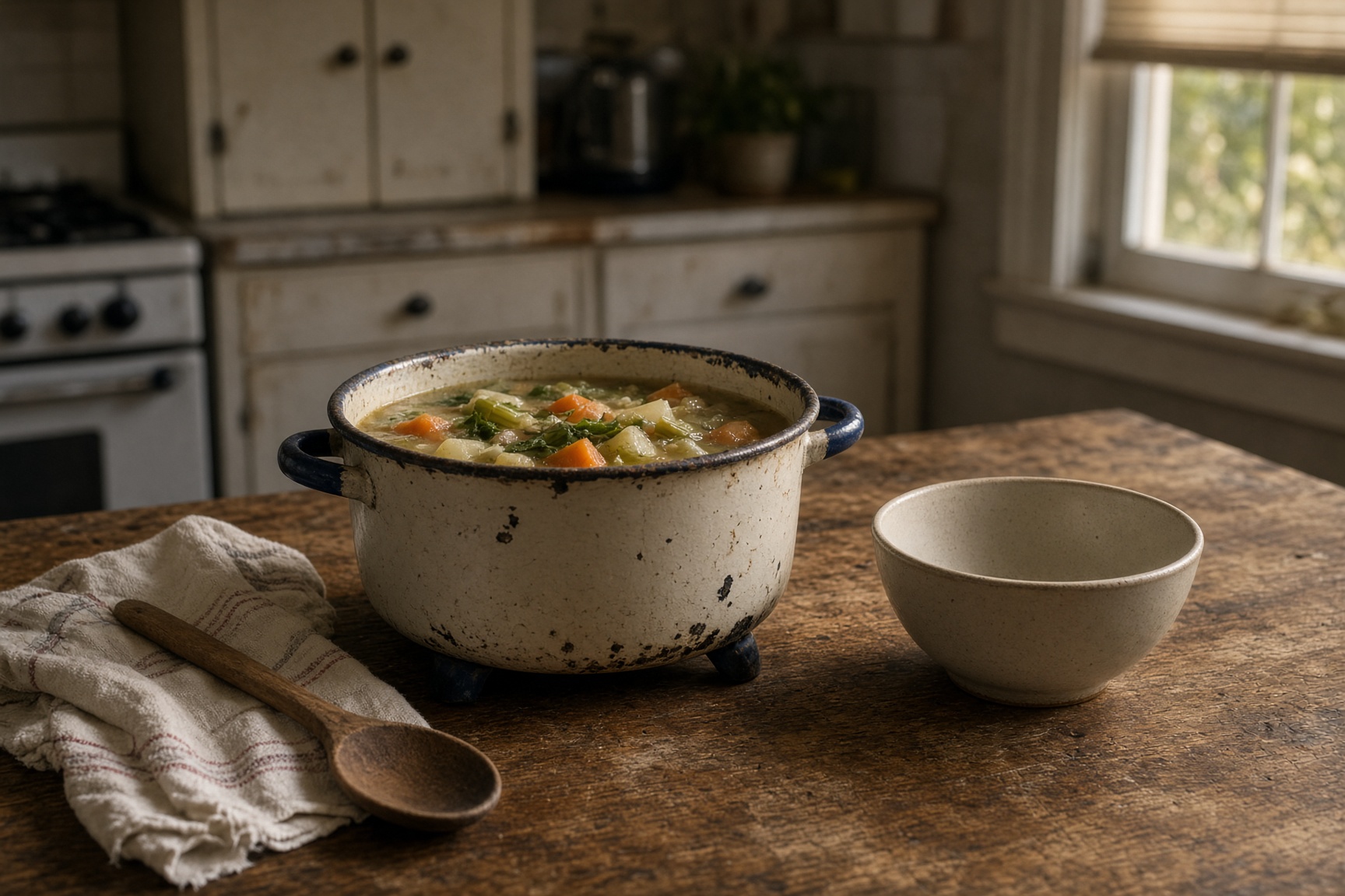 A pot, a wooden spoon, and a bowl on a worn kitchen table at home.