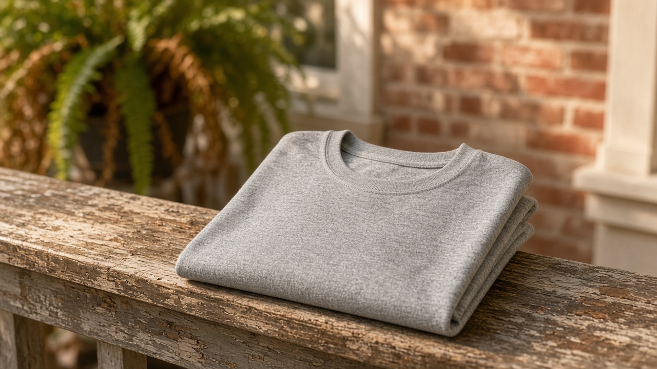 A plain heather-gray crewneck shirt folded on a worn wooden porch railing in soft afternoon light.