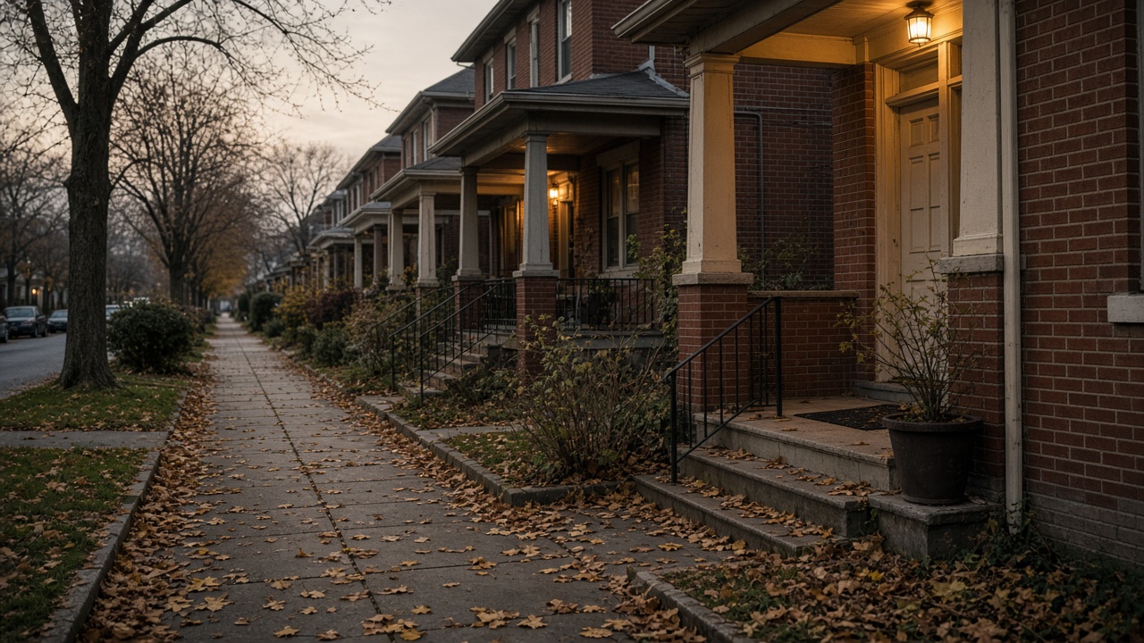 An ordinary residential sidewalk at dusk with porch lights on and fallen leaves on the concrete.